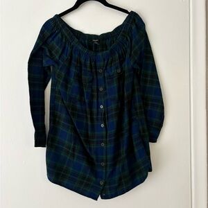 Forever 21 Navy and Forest Plaid Off-Shoulder Top